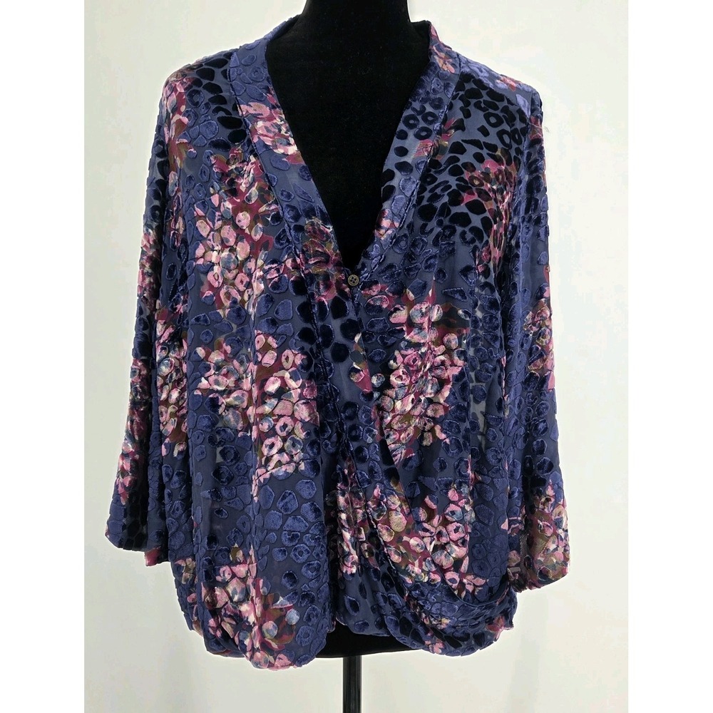 Anthropologie Floreat Velvet Burnout Floral Top Purple Kimono Sleeve Medium